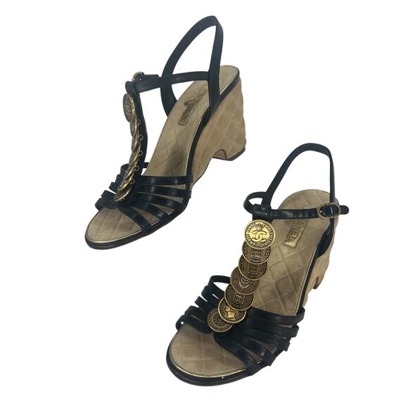 Chanel Coin Medallion Quilted Suede & Leather Heeled Wedge Sandals - Picture 6 of 16